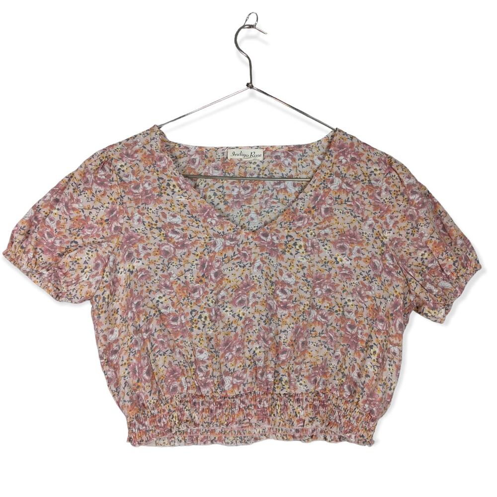 Indigo Rose Boho Ditsy Floral Top Large Elastic Waist V Neck